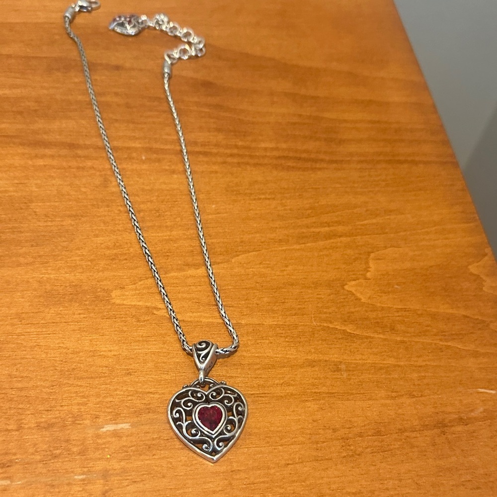 Brighton, Silver Heart Pendant Necklace with Red Accent - Women Jewelry
